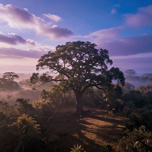 Photograph of a large, silhouetted tree at sunrise, casting long shadows, with a misty forest background and a vibrant blue sky.