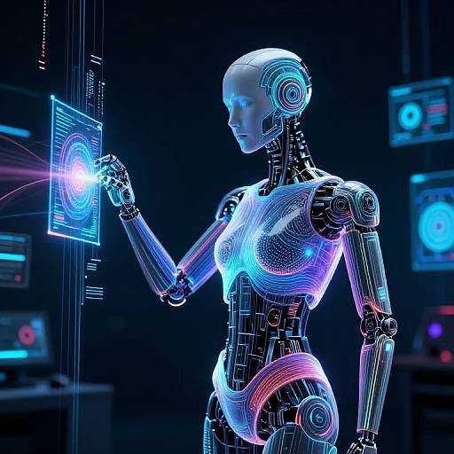 CGI image of a glowing, futuristic, female humanoid robot with neon blue and pink lights, interacting with a holographic interface in a dark, tech
