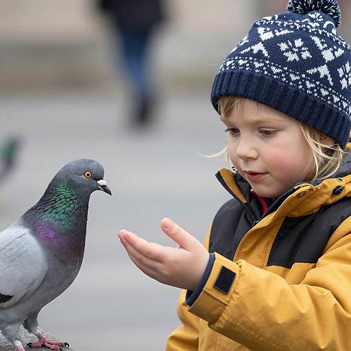 Curious Child Interacting with Pigeon