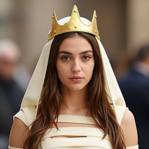 Photograph of a young woman with long brown hair, wearing a gold crown and white veil, in a white, off-shoulder dress, standing