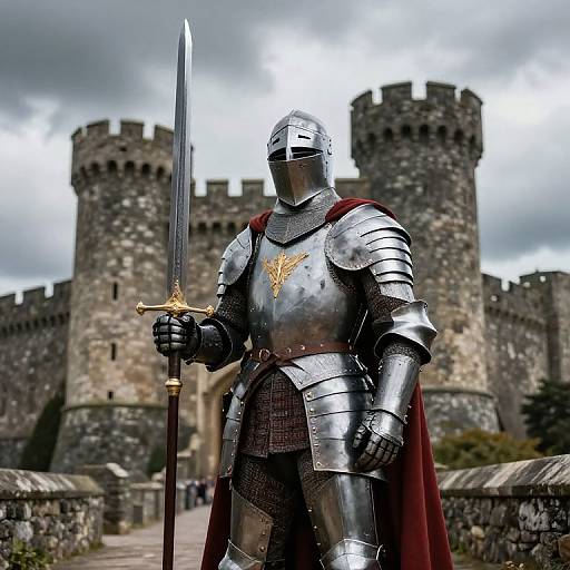 Photograph of a knight in shiny silver armor with a red cape, holding a sword, standing before a medieval stone castle.