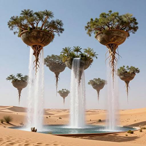 Digital art: Floating desert trees with lush greenery, suspended by roots, water cascading from base into circular pools in sandy landscape.