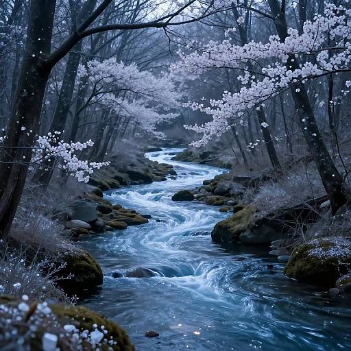 Photograph of a serene, blue-tinted forest stream with rushing water, surrounded by blooming cherry blossoms and moss-covered rocks, under a