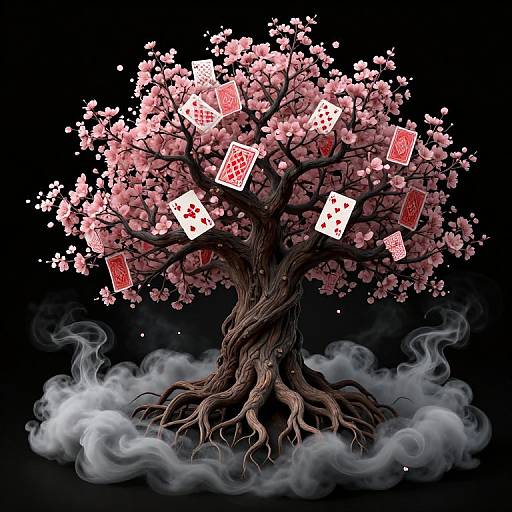 Digital art of a twisted cherry tree with pink blossoms, floating playing cards, and swirling smoke against a black background.