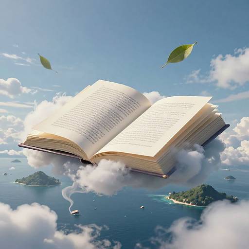 Photograph-like CGI of an open, glowing book floating on fluffy clouds over a clear blue ocean with islands, boats, and green leaves.