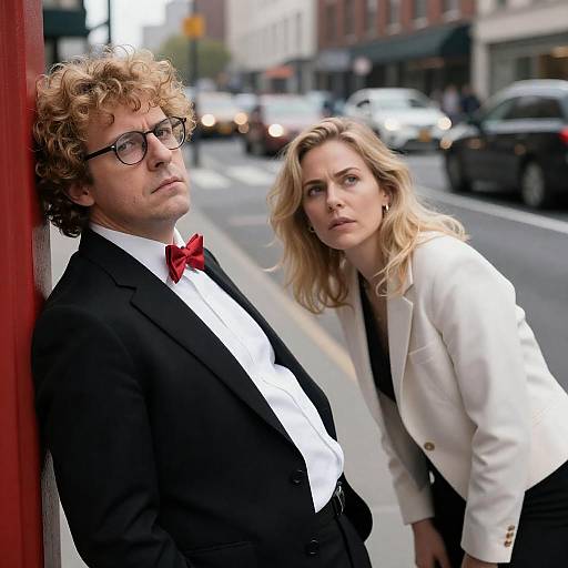 Photograph of a curly-haired man in a black suit and red bow tie, leaning against a red wall, with a blonde woman in a white bl