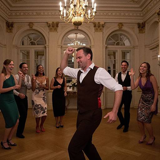Photograph: A male dancer in a white shirt and black vest leads a laughing group of six elegantly dressed men and women in a grand, orn