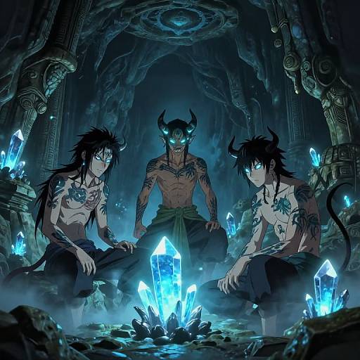 Digital anime artwork of three shirtless, tattooed, horned men with glowing blue eyes and black hair, sitting around blue crystal formations in a dark