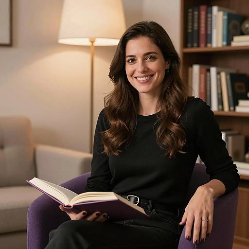 Smiling Woman Reading Book Indoors
