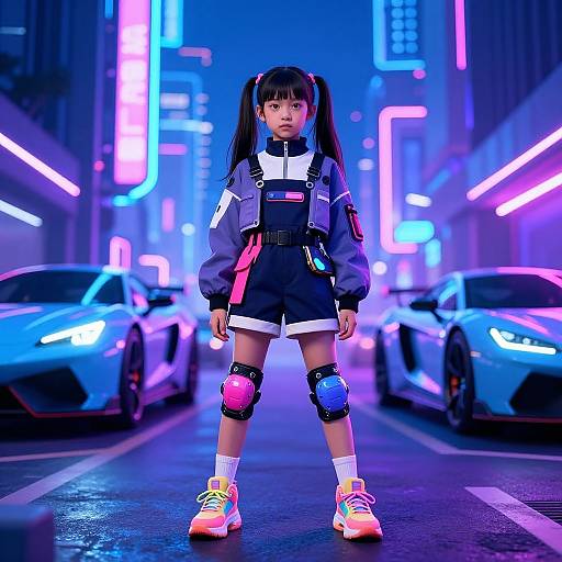 Neon-lit urban street scene; young girl with pigtails, wearing futuristic jacket, shorts, knee pads, and colorful sneakers, stands confidently