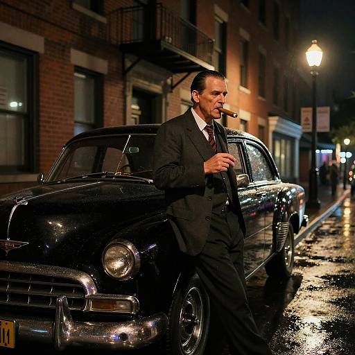 Photograph of a suited man with a cigarette, standing beside a shiny black vintage car on a wet, dimly-lit urban street at night,
