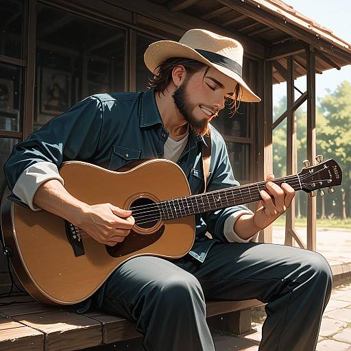 Bearded Man Playing Acoustic Guitar Outdoors