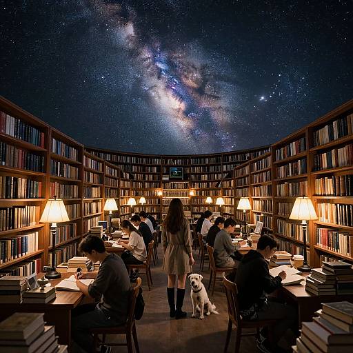 Photograph of a library with a starry night sky ceiling, lit lamps, students studying, and a dog at the center.