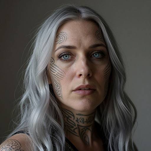 Photograph of a white woman with silver hair, blue eyes, and intricate black tattoos on her face and neck, against a dark, neutral background.