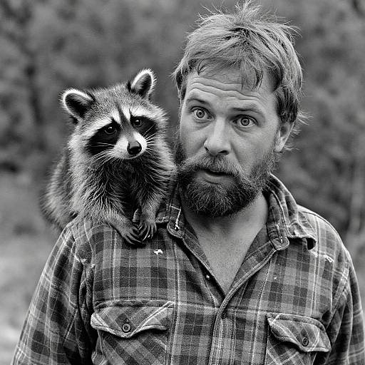 Black-and-white photograph of a bearded man in a plaid shirt with a raccoon perched on his shoulder, looking surprised.