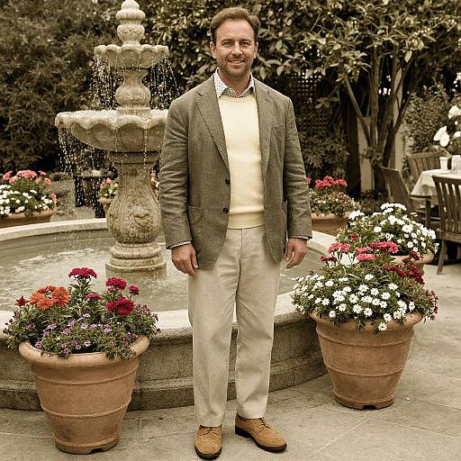 Photograph of a smiling middle-aged man in a gray blazer, cream sweater, beige pants, and brown shoes, standing in front of a stone