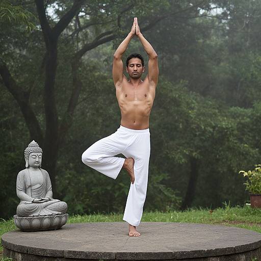 Shirtless man in white pants performs tree pose outdoors, hands raised, beside a stone Buddha statue on a circular stone platform.