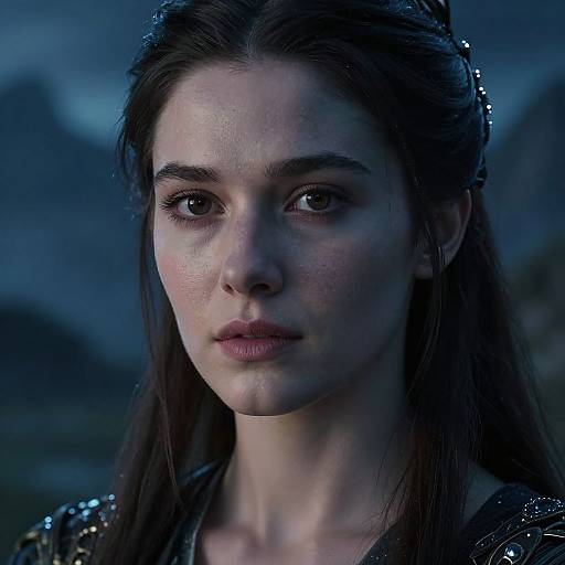 Photorealistic close-up of a young woman with fair skin, dark brown hair, and subtle makeup, wearing a dark, metallic-patterned garment,