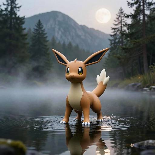Digital artwork of Eevee, a brown Pokémon with large ears and cream-colored chest, standing in a misty forest pond, reflecting in water,