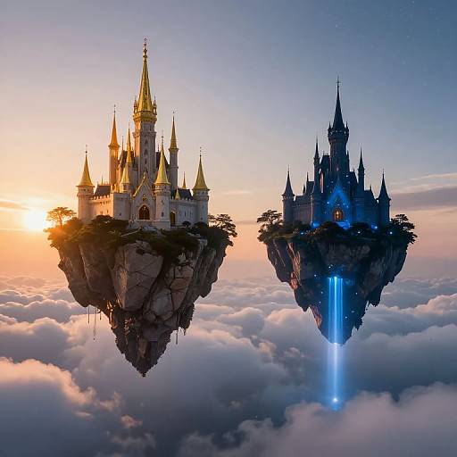 Photorealistic CGI of two floating, castle-topped islands at sunset; one golden, lit by sunrise, the other blue, illuminated by a waterfall