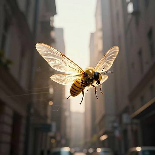 Photograph of a glowing, backlit honeybee with translucent wings mid-flight in a sunlit urban alleyway, surrounded by blurred buildings.