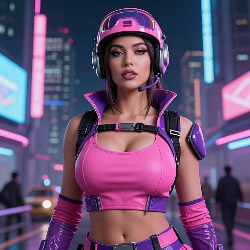 Digital art of a confident woman in a neon-lit city, wearing a pink helmet, crop top, and gloves, with futuristic armor and a headset
