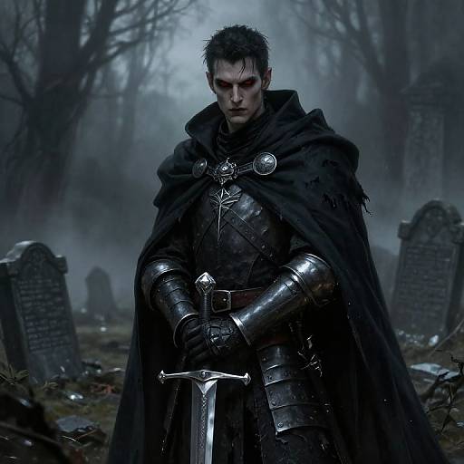 Photorealistic digital artwork: brooding, dark-haired male warrior in black armor and cloak, holding sword, standing in foggy, tombstone-filled