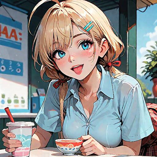 Cheerful Anime Girl Shopping Outdoors