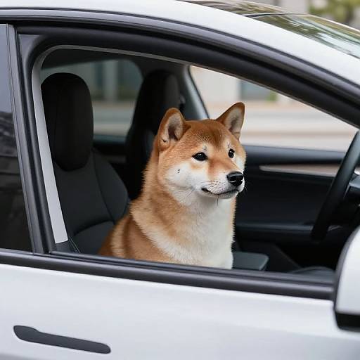 Photograph of a cute, tan and white Akita dog sitting inside a white car, looking out the window with a calm expression.