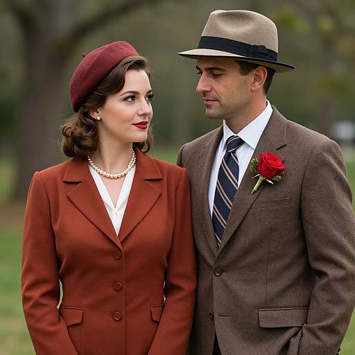 Photograph of a 1940s-style couple; woman in red suit, pearl necklace, maroon beret, man in brown suit, striped