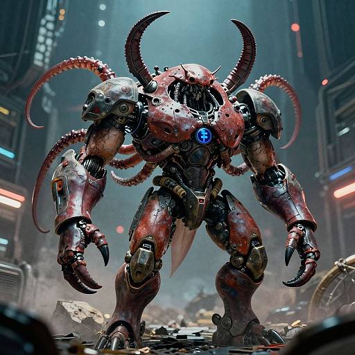 CGI cyber-demon with red, armored exoskeleton, blue glowing eye, horned head, and clawed limbs, standing in a futuristic