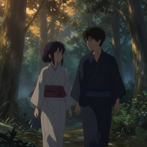 Anime Couple Walking Through Forest