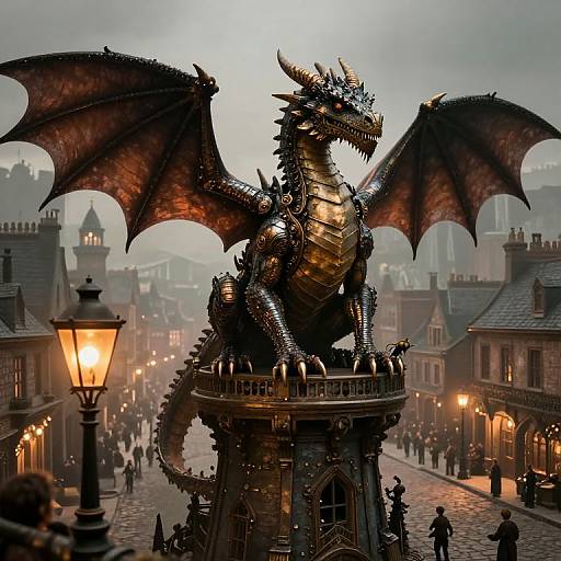 Photorealistic digital artwork of a fierce, metallic black dragon with glowing red eyes and wings, standing on a Victorian-style street lamp in a foggy