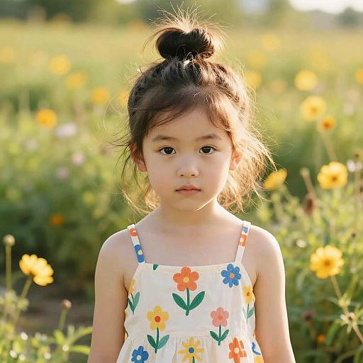 Young Girl with Messy Bun in Flower Field