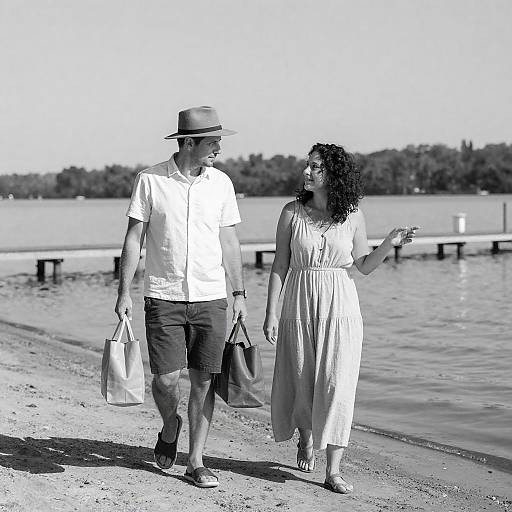 Couple Strolling on Sandy Lakeshore