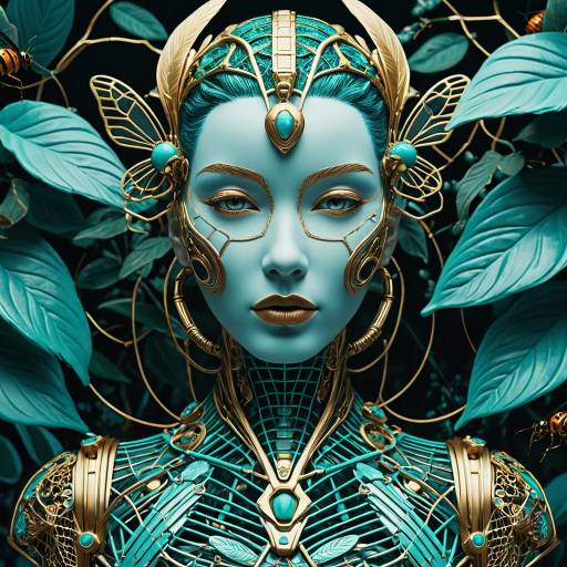 Biomechanical Cyborg Woman Bust with Turquoise and Gold Accents