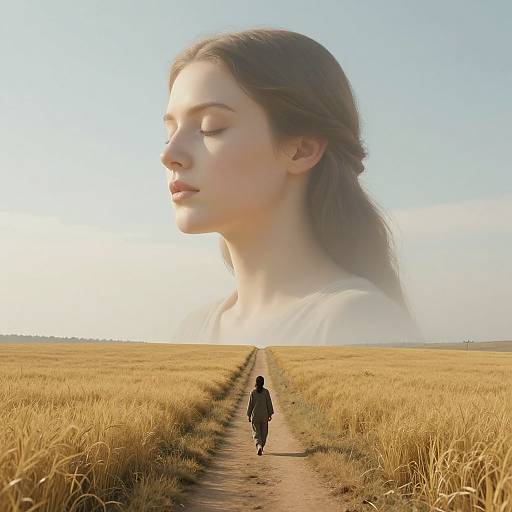 Photograph of a woman's oversized, serene face superimposed over a golden field, with a small person walking down a dirt path toward it under