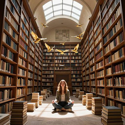 Photograph of a serene woman with long brown hair, sitting cross-legged in a sunlit library, surrounded by towering bookshelves and stacked books,
