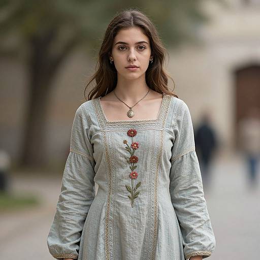 Photograph of a young woman with long brown hair, wearing a light blue, embroidered medieval-style dress, standing outdoors, blurred background.