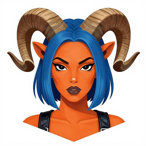 Digital illustration of a fierce, orange-skinned demon woman with blue bob hair, large brown horns, black eyeliner, and dark lipstick.