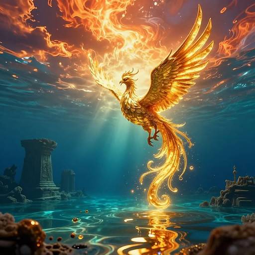 Digital artwork of a fiery phoenix with glowing wings, descending into a mystical underwater ruin, surrounded by glowing rays and reflections.