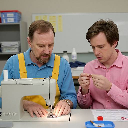 Photograph of two Caucasian men, one in blue shirt with yellow overalls sewing, the other in pink shirt inspecting fabric, in a brightly lit