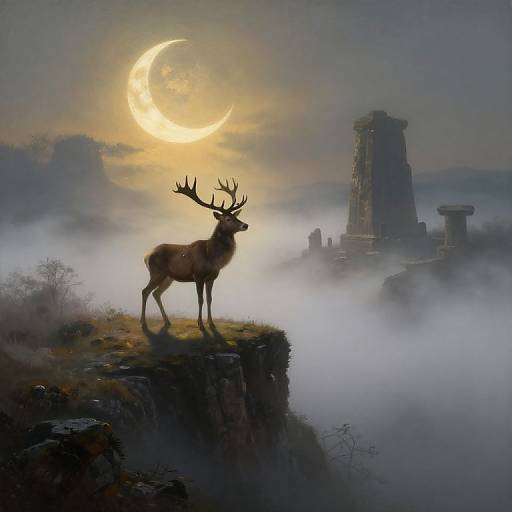 Digital fantasy artwork of a majestic, antlered deer standing on a misty cliff at night, under a glowing crescent moon, with ancient stone