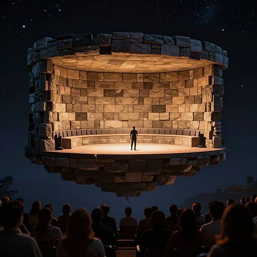 Photograph of a solo performer standing on an illuminated, stone-like, floating circular stage against a starry night sky, with a silhouetted