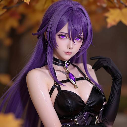 Digital artwork of a beautiful anime woman with long purple hair, purple eyes, black leather outfit, gloves, choker with purple gem, autumn leaves background