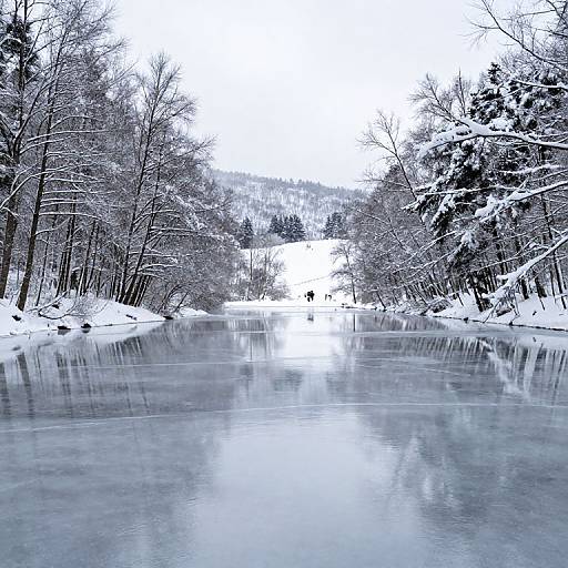 Photograph of a serene winter landscape featuring a snow-covered forest, icy river, and reflective water, with bare trees lining both sides.