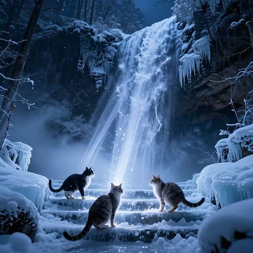 Digital artwork of three cats standing on icy steps before a glowing, blue-lit frozen waterfall in a snowy forest.