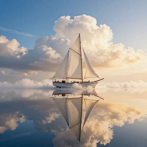 Photograph of a sailboat with billowing sails, reflected perfectly in calm water, surrounded by fluffy clouds and a bright blue sky.