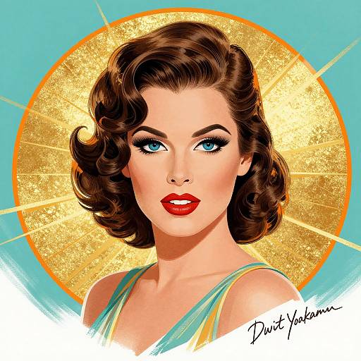 Digital illustration of a 1950s-style woman with curly brown hair, blue eyes, red lipstick, golden halo, and turquoise top. Artist's