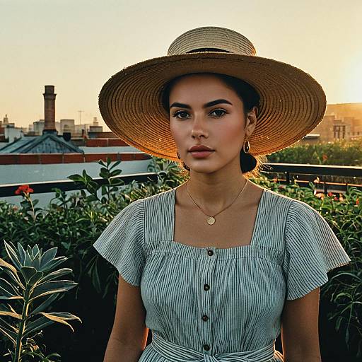 Young Woman with Sunhat in Rooftop Garden at Sunset